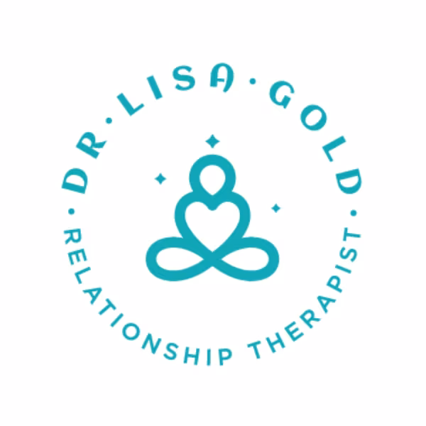 Logotipo de la Dra. Lisa Gold, terapeuta de pareja colaboradora, con figura en meditación turquesa