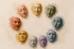 Ilustración de caras con distintas emociones dispuestas en círculo