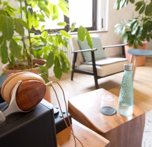 Sala de terapia con auriculares, plantas y un sillón junto a la ventana