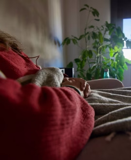 Persona tumbada en un sofá bajo una manta roja, con plantas al fondo